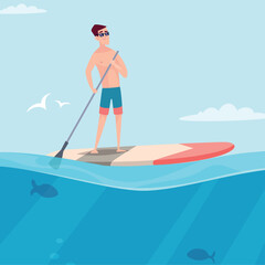 Poster - Man on surfboard. outdoor horizont illustration of sea landscape with man surfing