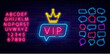 Vip neon emblem. Speech bubbles frames set. Very important person label. Crown icon. Vector stock illustration