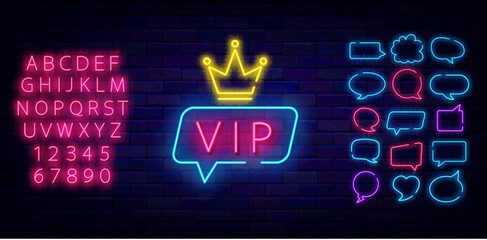 Wall Mural - Vip neon emblem. Speech bubbles frames set. Very important person label. Crown icon. Vector stock illustration