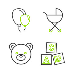 Poster - Set line ABC blocks, Teddy bear plush toy, Baby stroller and Balloons with ribbon icon. Vector