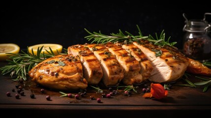 Canvas Print -  a close up of a sliced chicken on a cutting board with herbs and lemons on the side of it.  generative ai