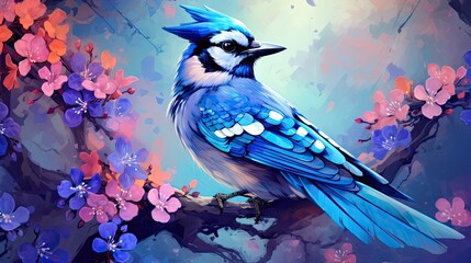 Wall Mural -  a painting of a blue bird sitting on a branch of a tree with pink and purple flowers in the background.  generative ai