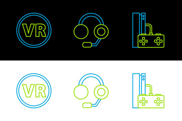 Poster - Set line Game console with joystick, Virtual reality glasses and Headphones icon. Vector