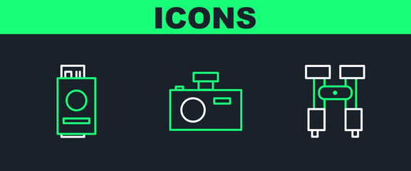 Poster - Set line Binoculars, Passport with ticket and Photo camera icon. Vector