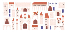 Isolated Medieval Castle Constructor. Fortress, Towers Castles Elements. Childish Paper Game, Old Architecture. Flags, Gates Racy Vector Clipart