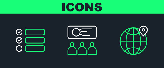 Poster - set line location on the globe, task list and training, presentation icon. vector