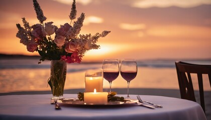 Wall Mural - Pastel-colored luxury dinner setup with flowers and wine glasses - Beach view at sunset