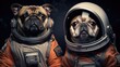 Two dogs in space with one wearing a helmet and the other wearing a space suit.