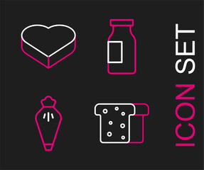 Sticker - Set line Bread toast, Pastry bag, Bottle with milk and Candy in heart shaped box icon. Vector