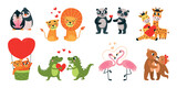 Fototapeta Pokój dzieciecy - Cute animal couples romantic characters. Animals in love, hugging and hold hands. Funny cartoon bear and leo, valentine day classy vector clipart