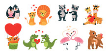 Cute Animal Couples Romantic Characters. Animals In Love, Hugging And Hold Hands. Funny Cartoon Bear And Leo, Valentine Day Classy Vector Clipart