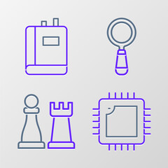 Poster - Set line Processor with CPU, Chess, Magnifying glass and Book icon. Vector
