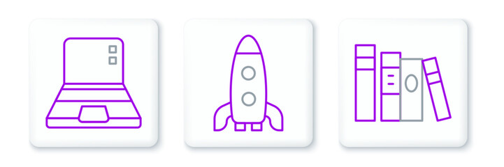 Poster - Set line Book, Laptop and Rocket ship icon. Vector