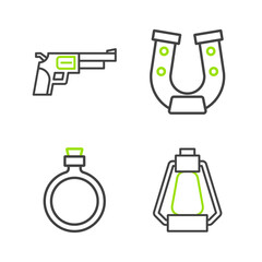 Wall Mural - Set line Camping lantern, Canteen water bottle, Horseshoe and Revolver gun icon. Vector