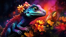  A Close Up Of A Lizard On A Tree Branch With Flowers In Its Hair And A Flower In Its Mouth.  Generative Ai