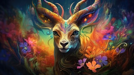 Canvas Print -  a painting of a deer with horns and flowers on it's head, with a blue sky in the background.  generative ai