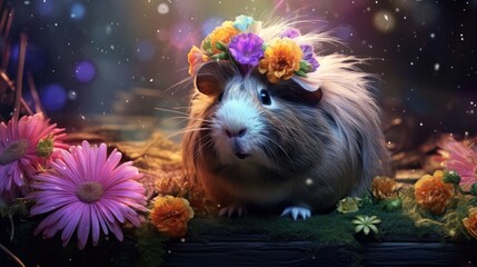 Wall Mural -  a close up of a rodent with a flower crown on it's head sitting in a field of flowers.  generative ai