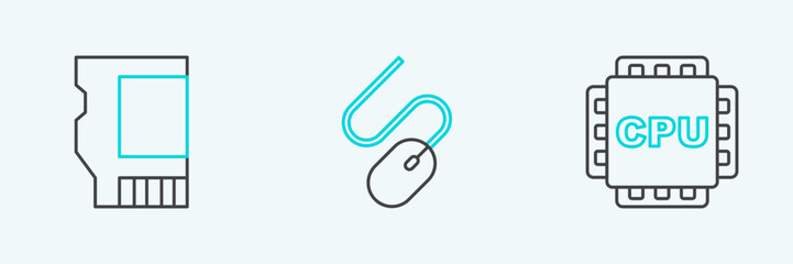 Poster - Set line Processor with CPU, SD card and Computer mouse icon. Vector