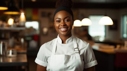 Smiling black female chef in her restaurant women and black owned business concept