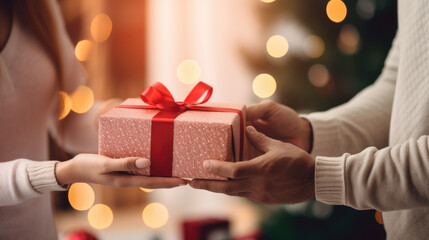 Wall Mural - Two people exchanging a festive gift box against the backdrop of a warmly lit Christmas tree.