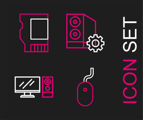 Poster - Set line Computer mouse, monitor, Case of computer and SD card icon. Vector