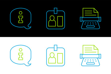 Wall Mural - Set line Retro typewriter, Information and Journalist id card icon. Vector