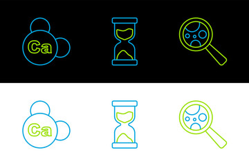 Sticker - Set line Microorganisms under magnifier, Mineral Ca Calcium and Old hourglass icon. Vector