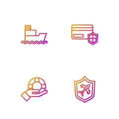 Poster - Set line Plane with shield, Lifebuoy in hand, Ship and Credit card. Gradient color icons. Vector