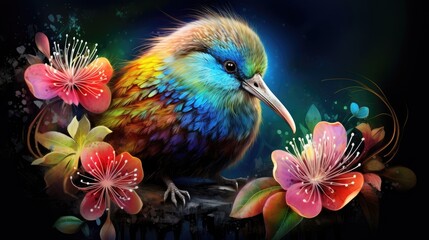 Sticker -  a painting of a colorful bird sitting on a branch of a tree with flowers in the foreground and a dark background.  generative ai