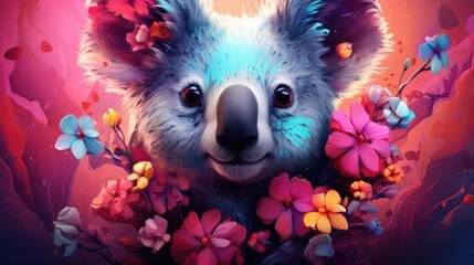 Canvas Print -  a digital painting of a koala bear surrounded by wildflowers and pink and blue flowers on a pink background.  generative ai