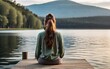 back view of Young woman meditating on a wooden pier on the edge of a lake to improve focus  created with generative ai