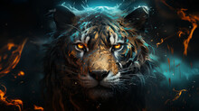 A Striking Digital Artwork Of A Tiger's Face With Fiery Eyes, Surrounded By Abstract Blue And Orange Flames.