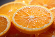 Orange slices with water drops macro photography. Orange background. Orange slices as background texture. Orange fruit pattern.