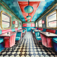 Retro Diner Delight, Checkerboard Floors, Vinyl Booths, And Neon Signs For A Nostalgic Diner Feel.