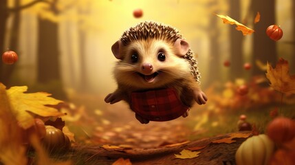 Autumn orange leaves with hedgehog. European Hedgehog, Erinaceus europaeus, on a green moss at the forest, photo with wide angle. Hedgehog in dark wood, autumn image.Cute funny animal with snipes