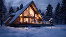 The Front Of Modern Exterior Of Luxury Cottage Covered In Deep Snow In Winter Evening 