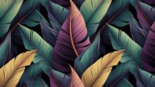 Tropical Luxury Exotic Seamless Pattern Pastel Colorful Banana Leaves Palm Handdrawn Vintage 3D Illustration Dark Glamorous