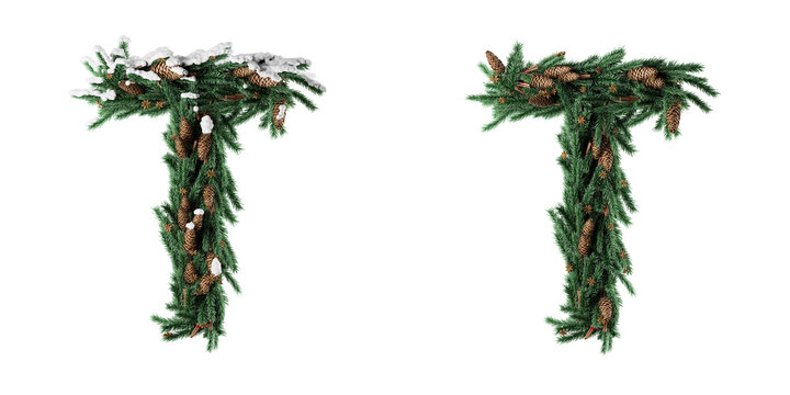 Christmas letter T. Christmas typography. Christmas font or type, holiday typeface, and alphabet on a transparent background. 3D Rendering.