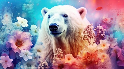 Canvas Print -  a painting of a white polar bear surrounded by pink and white flowers and a red disk in the center of the picture.  generative ai