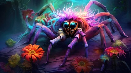 Canvas Print -  a colorful spider sitting on top of a rock next to a bunch of flowers and a flower pot in front of it.  generative ai