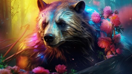 Canvas Print -  a close up of a painting of a raccoon with flowers in the foreground and a forest in the background.  generative ai