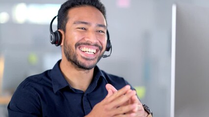 Canvas Print - Call center agent talking on headset while working in an office. Confident and happy salesman explaining and selling products while operating a helpdesk for customer sales and service support