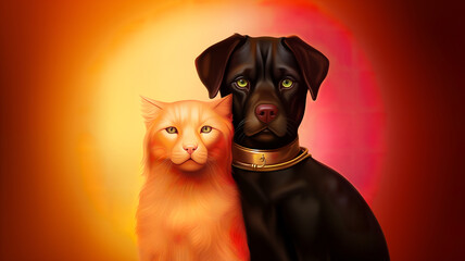 The two good friends, the cat and the dog, pose in front of a yellow and red background in studio conditions. Animal portrait concept. AI generated.