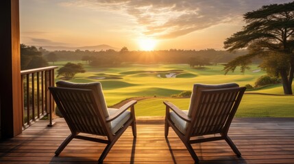 wooden veranda at a resort with two armchairs and tranquil sunrise view over the golf course