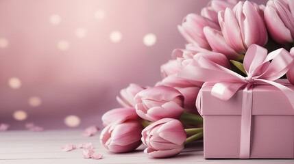 Wall Mural - festive layout with flowers and a gift with ribbons on a pastel background. copy space. top view. flat lay. concept of mother's day, valentines day, eighth of march