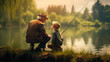 grandfather and grandson are fishing on a pond or lake.Generative AI