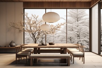 Wall Mural - Dining room interior with natural wooden table in trendy minimal japandi style