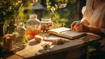 Wall Mural - A woman with medicinal herbs and tinctures writes a recipe for tinctures.Generative AI