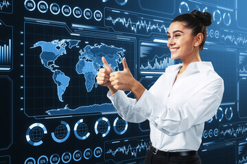 Aufkleber - Attractive happy businesswoman shpwing thumbs up to glowing digital business charts and map interface on blurry background. Military control, warfare and spy concept.
