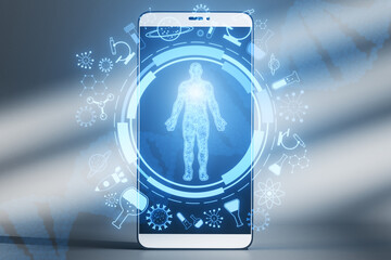 Wall Mural - Close up of smartphone with round medical interface with human body outline and healthcare icons on concrete wall background. Telemedicine and innovation concept. 3D Rendering.